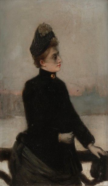 null École FRANCAISE vers 1880
Jeune dame devant un port au soleil couchant
Panneau
41...