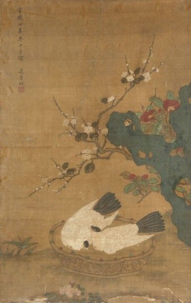 null CHINE - XIXe siècle
Pigeons au bassin entourés de fleurs de printemps
Encre...