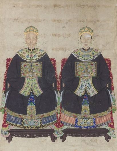 null CHINE - XIXe siècle
Encre sur papier, portrait de deux ancêtres. (Taches). Dimensions...