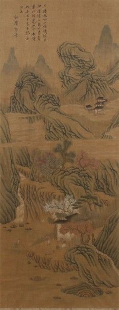 null CHINE - Fin XIXe siècle
Encre polychrome sur soie, paysage montagneux. Signé...