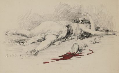  Antoine CALBET (1860-1944) L'Ivresse - Faune et nymphe Dessin à l'encre double-face....
