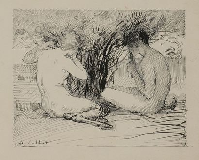  Antoine CALBET (1860-1944) L'Ivresse - Faune et nymphe Dessin à l'encre double-face....