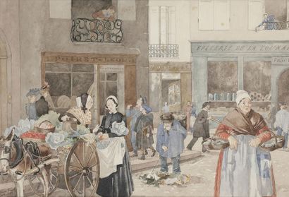 null Élisabeth SONREL (1874-1953)
Rue commerçante animée, 1890
Aquarelle.
Signée...