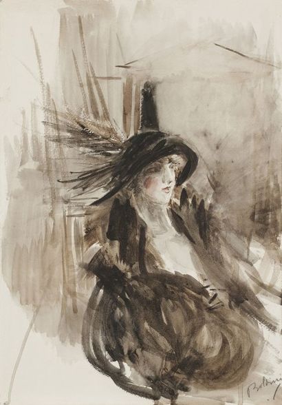 null Giovanni BOLDINI (1842-1931)
Élégante assise en robe de promenade, vers 1915-20
Aquarelle.
Signée...
