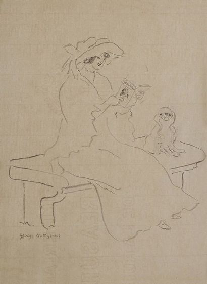 null George BOTTINI (1874-1907)
Femme en chapeau lisant sur un banc, un chien à ses...
