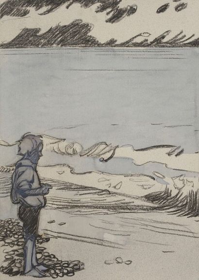  Maxime DETHOMAS (1867-1929) Jeune garçon face à la mer Dessin à la pierre noire,...
