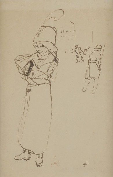 null Jean-Louis FORAIN (1852-1931)
Jeune femme au chapeau à plume
Dessin à la plume.
Monogrammé...