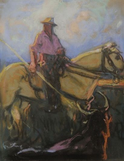  Louis FORTUNEY (1878-1950) Gardian sur son cheval Pastel. Signé en bas à gauche....
