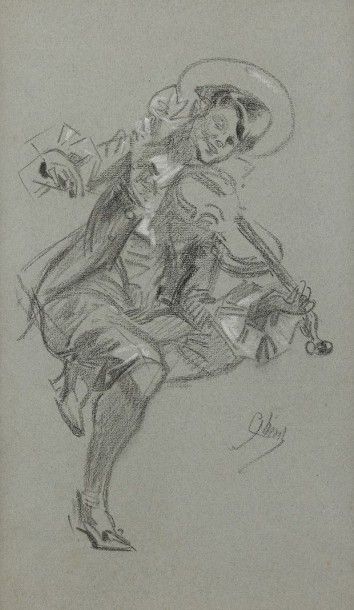  Jules CHÉRET (1836-1932) Violoniste Dessin au fusain et craie blanche sur papier...