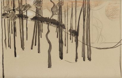  Henri Edmond CROSS (1856-1910) Vallon aux arbres Dessin à l'encre et crayon de couleur....
