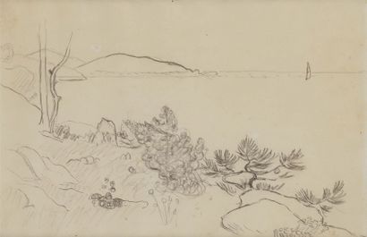  Henri Edmond CROSS (1856-1910) Paysage méditerranéen Dessin au crayon noir. Porte...