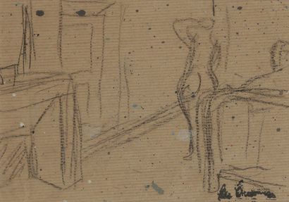  Auguste CHABAUD (1882-1955) Montmartre, nu à l'hôtel Dessin au crayon noir. Porte...