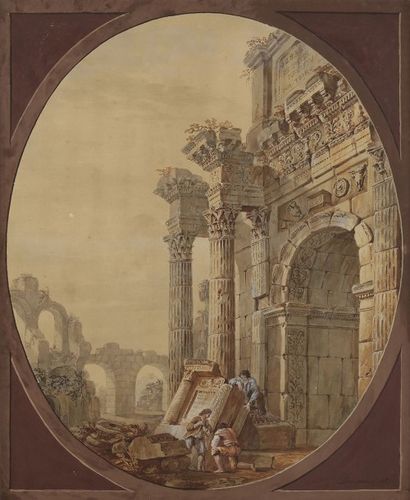 null Charles Louis CLÉRISSEAU (1721-1820)
Ruines animées, 1767
Gouache.
Signée et...