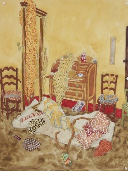  Jean DARQUET (1918-2012) La Chambre jaune aux tissus 2 aquarelles. 64 x 48 cm c...