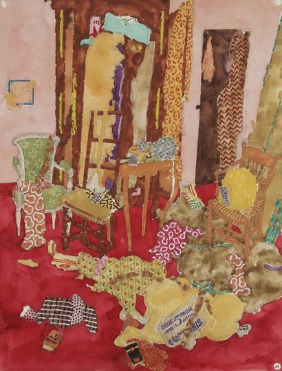 null Jean DARQUET (1918-2012)
La Chambre rouge aux tissus
2 aquarelles.
63 x 48 cm...
