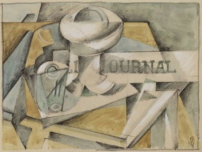  Albert COSTE (1896-1985) Composition cubiste Dessin au crayon et aquarelle. Monogrammé...