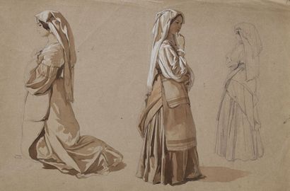  Théodore VALERIO (1819 - 1879) Étude d'italiennes Gouache et aquarelle sur traits...