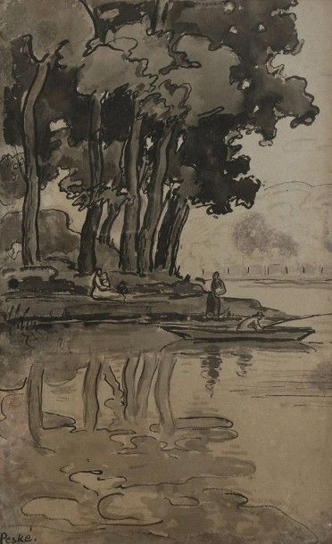 null Jean Misceslas PESKÉ (1870-1949)
Au bord de l'étang
Dessin au lavis.
Signé en...