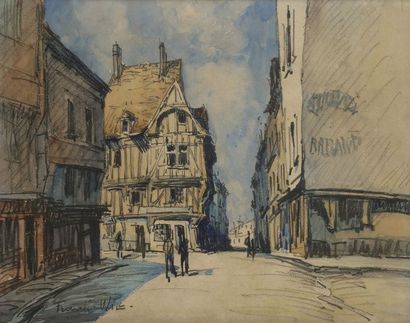  FRANK-WILL (1900-1951) Rue à Nogent-le-Roi Dessin au fusain et aquarelle. Signé...