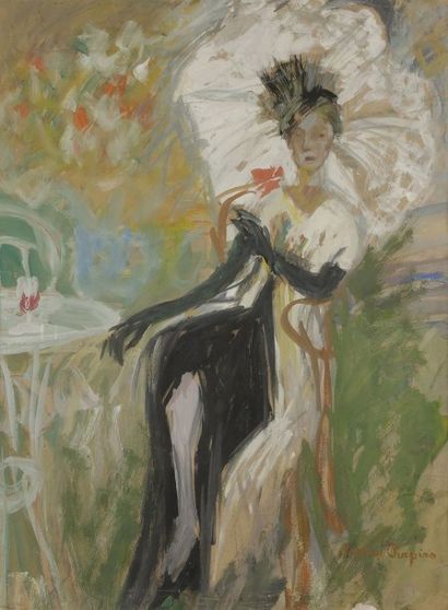 null Jacques CHAPIRO (1887-1972)
Au café, élégante à l'ombrelle
Gouache.
Signée en...