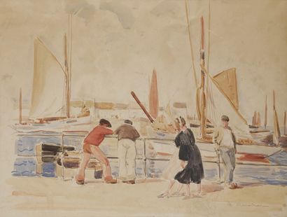 Maurice MENARDEAU (1897-1977)
Marins au port
Aquarelle.
Signée...