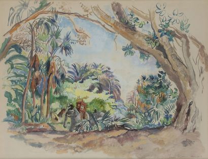  Louis RIOU (1893-1958) Alger, la promenade en éléphant, 1927 Aquarelle. Signée,...