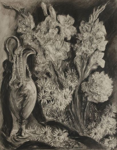 null Louise HERVIEU (1878-1954)
Fleurs et aiguière
Dessin au fusain.
Signé en bas...