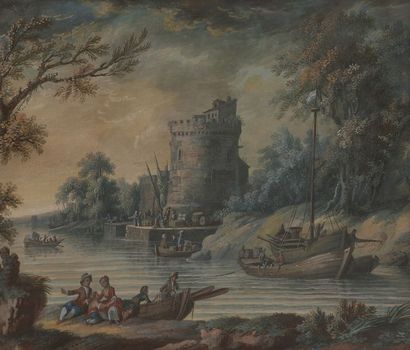 null Attribué à Jan WYNANTS (1615-1682)
Paysage au passage du gué
Plume et encre...