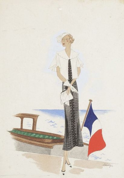 null Léon BENIGNI (1892-1948)
Robe en étamine noir quadrillée blanc de Worth
Gouache.
Signée...
