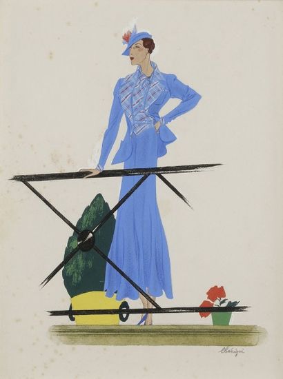 null Léon BENIGNI (1892-1948)
Élégante en tailleur bleu de Chanel, vers 1930
Gouache.
Signée...