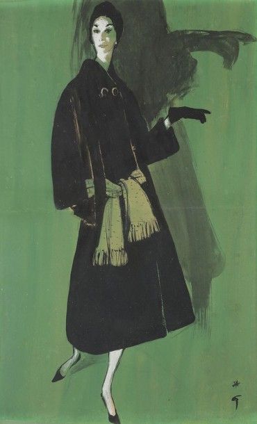 null René GRUAU (1909-2004)
Femme en manteau de Jean Dessès, 1957
Gouache.
Signée...
