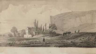  Charles François DAUBIGNY (1817-1878) Paysage, 1845 Dessin au crayon et lavis d'encre....