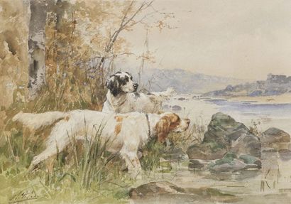 null Charles Olivier de PENNE (1831-1897)
Deux chiens en bord de rivière
Aquarelle.
Signée...