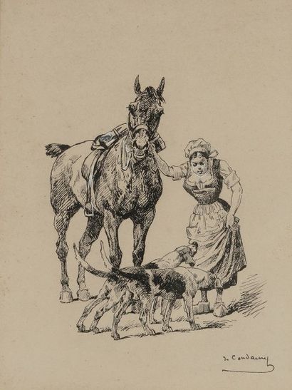  Charles Fernand de CONDAMY (c.1855-1913) Fermière, son cheval et deux chiens Dessin...