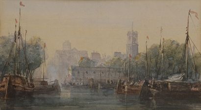 William WYLD (1806-1889) Hollande, voiliers au port Aquarelle. Signée en bas à gauche....