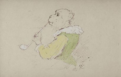  Zacharie NOTERMAN (c.1820-1890) Singe fumant Dessin à l'encre et aquarelle. Monogrammé...