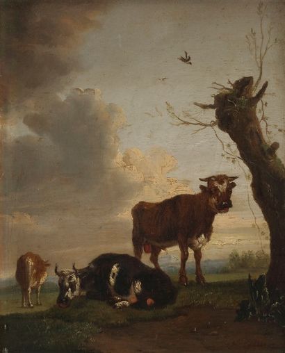 null École HOLLANDAISE vers 1800,
suiveur de Paulus POTTER
Vaches
Panneau de chêne,...