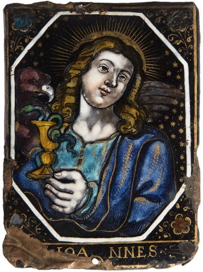 null Plaque en émail peint polychrome avec rehauts d’or représentant saint Jean dans...