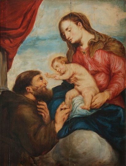 null École ANVERSOISE du XVIIe siècle 
La Vierge à l’Enfant avec Saint François 
Panneau...