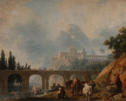 null Nicolas-Antoine TAUNAY (Paris 1755-1830)
Voyageurs faisant l’aumône à un ermite
Toile
32,5...