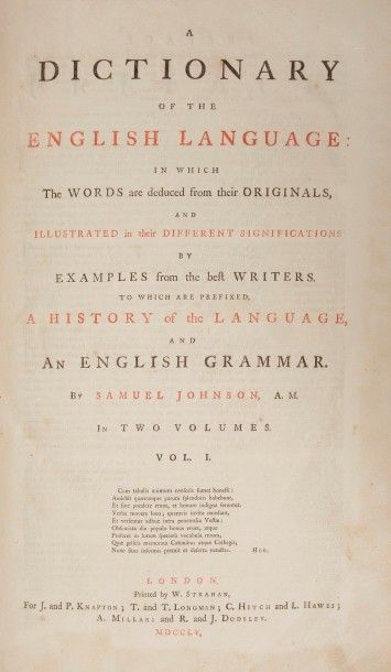 JOHNSON (Samuel). JOHNSON (Samuel).
A Dictionary of the English Language : in which...