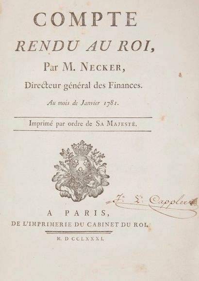 NECKER (Jacques). NECKER (Jacques).
Compte rendu au roi. 
Paris : Imprimerie du cabinet...