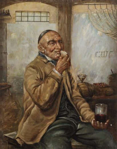 null D. ABRAHAMSON (XXe siècle) 
Juif au verre de vin
Huile sur panneau. 
Signée...