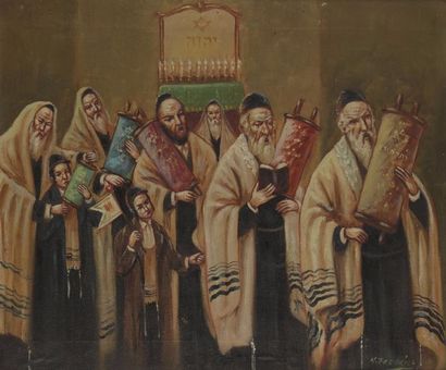 null Héléna FRENKIEL (1900-1942) 
à la synagogue
Huile sur toile. 
Signée en bas...