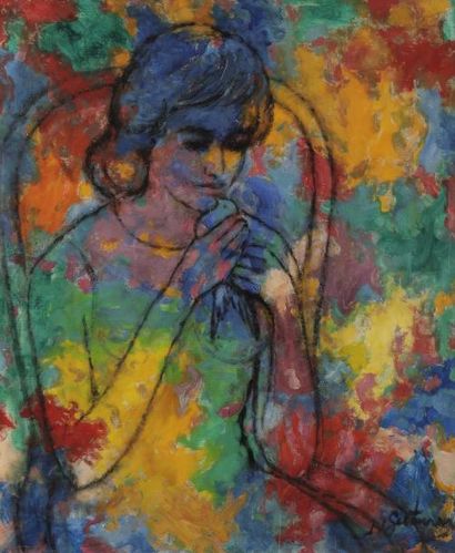 null Nathan GUTMAN (1914-1978) 
Femme à l’oiseau
Huile sur toile. 
Signée en bas...