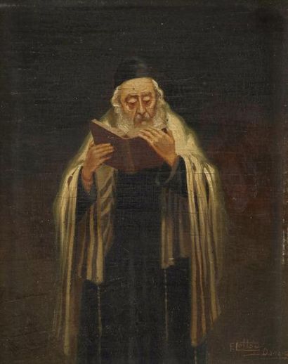 null Friedrich LETTAU (Dantzig, XIXe siècle) 
Rabbin lisant 
Huile sur panneau. 
Signée...