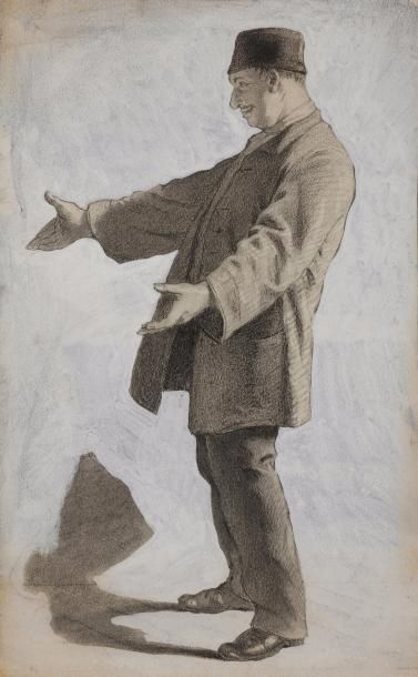 null Alphonse LéVY (1843-1918) 
Homme les bras tendus 
Gouache et fusain. 
36 x 22...