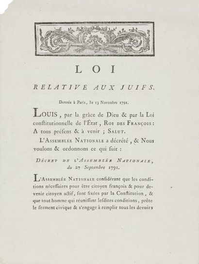null [ÉDITS ET LOIS] Loi relative aux juifs, donnée à Paris, le 13 novembre 1791....