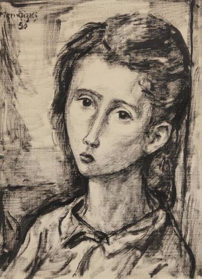 null Maurice MENDJIZKY (1890-1951) 
Portrait de jeune femme, 1950 
Dessin à l’encre....