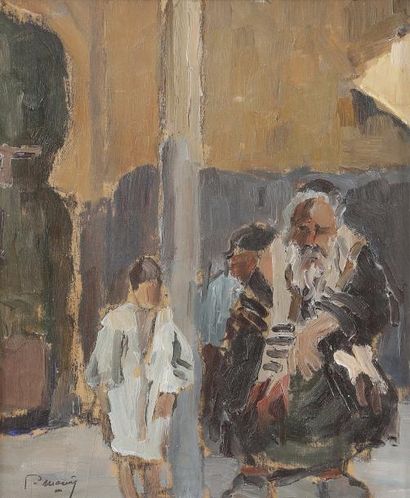 null Louis MORERE (1885-1949) 
Sortie de la synagogue de Mazagran 
Huile sur panneau....